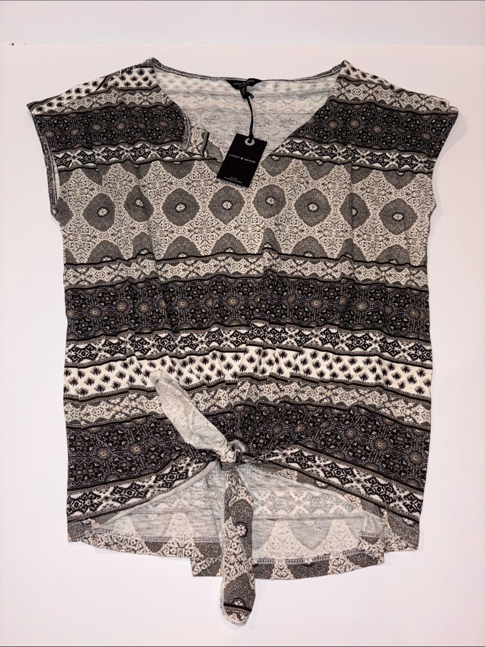 LUCKY BRAND Women's Black & White Boho Tie-Front Top